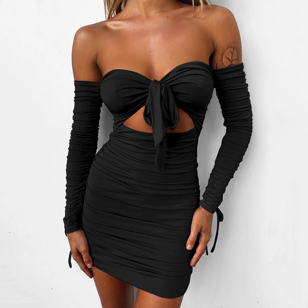 

Sexy Dress Chest-wrapped Neckline Long-sleeve Tie Folds Hip Skirt Sleeves And Hips Full Folds Bodycon Dresses Summer платье