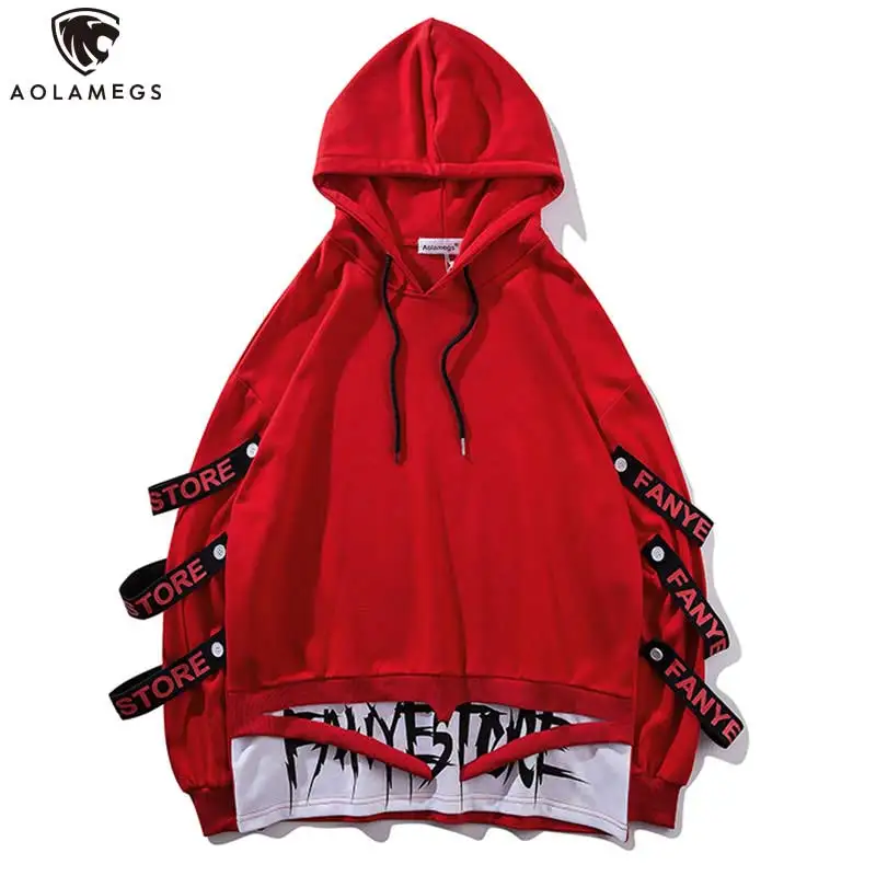 

Aolamegs Hoodies Men Fake 2 Pieces Ribbons Hooded High Street Pullover Sweatshirt Men Fashion Hip Hop Streetwear Hoodie Autumn