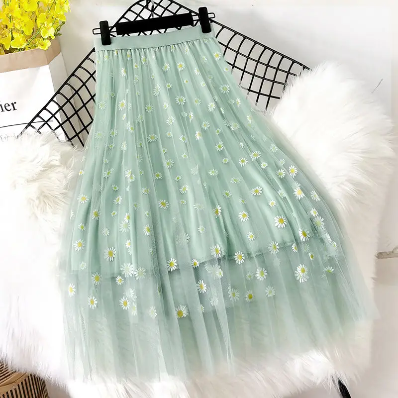 

2021 Mesh Skirt Floral High Waist Thin A-line Skirt 3-layer Mid-length Fashion Elegant Korean Style Pleated Loose Casual Skirt