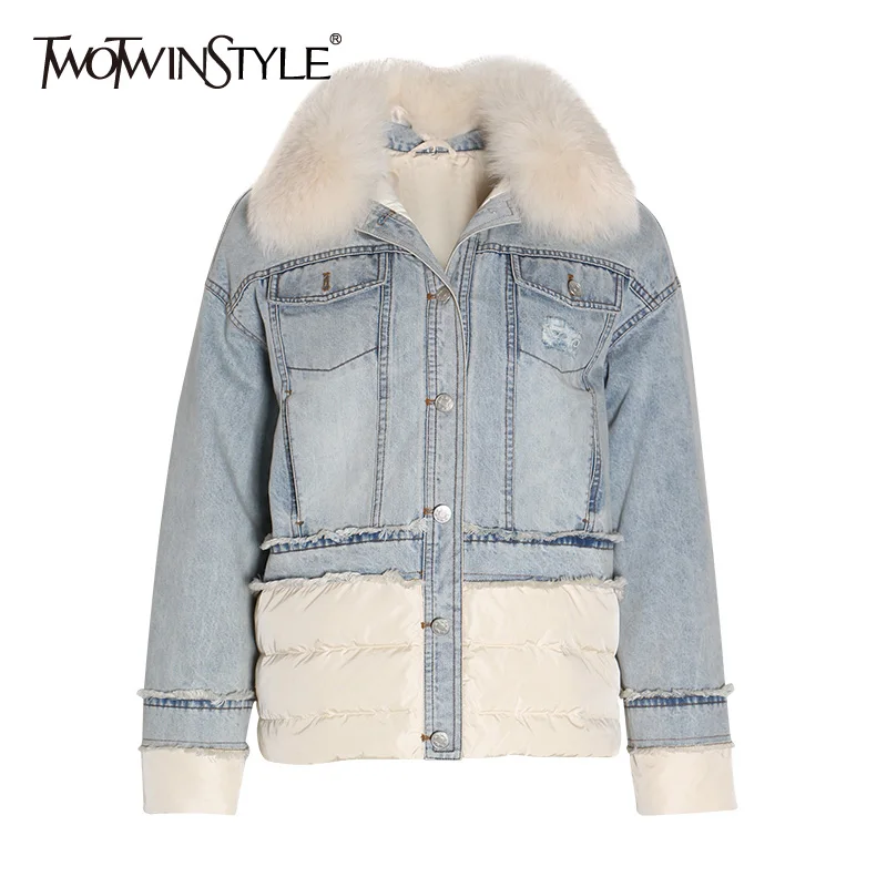 TWOTWINSTYLE, женские джинсовые парки из лоскутного меха, с длинным рукавом, хит цвета, хлопковые пальто, женские,, зимние, негабаритные, модные, новые