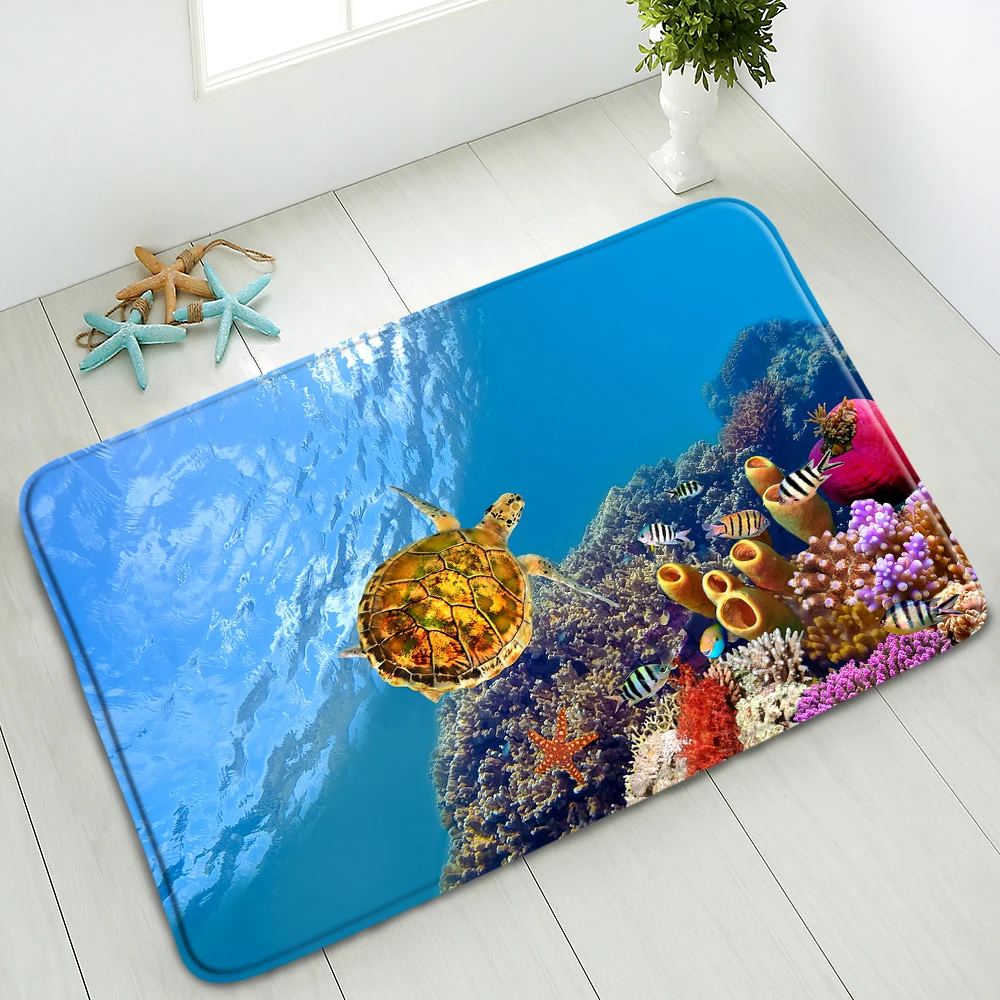 

Ocean Animals Bathroom Mat Underwater World Turtle Living Room Door Mats Kitchen Floor Pad Non-Slip Water Absorption Carpet Deco