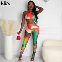 kliou print hollow out jumpsuits for women sleevelss one shoulder skinny slim shaped waist streetwear female one piece outfits