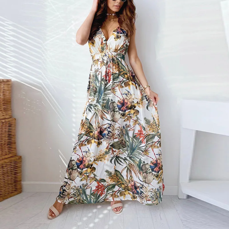 

2021 сексуальное платье с глубоким v-образным вырезом, Разделение пляжное длинное платье; Элегантное летнее платье без рукавов вечерние плать...