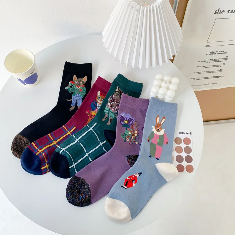 NEW socks women cotton Korean Designer Cute cat Socks Female AB Mid-Calf Squirrel Rabbit Personality funny novelty socks