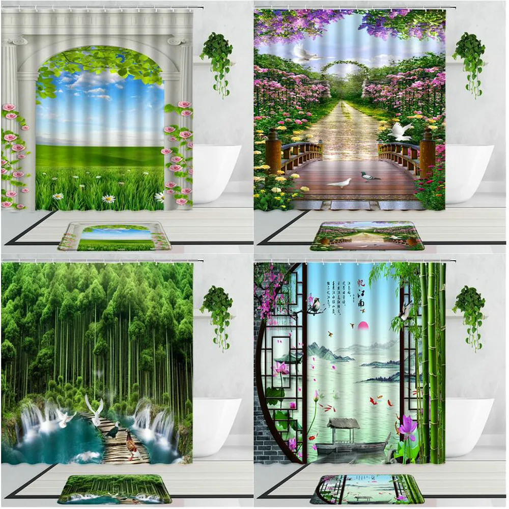 

Natural Scenery Shower Curtains Arch Door Flower Green Plant Bamboo Corridor Screen Bathroom Curtain Set Non-Slip Bath Mat Rug
