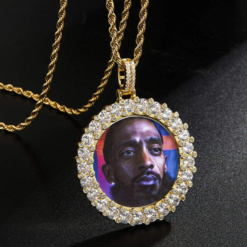 

US7 Custom Made Photo Round Medallions Multi-row Cubic Zircon Pendant&Necklace With Tennis Chain Hip Hop Jewelry For Men Women