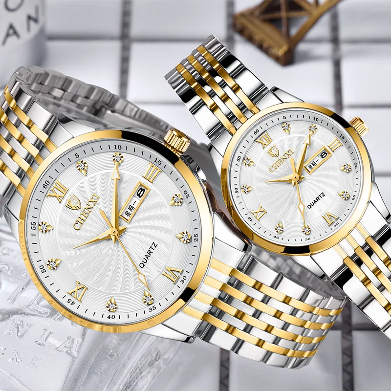 

Деловые мужские часы с двойным календарем, часы со стальным ремешком, фабрика, оптовая продажа, Брендовые женские часы для пар