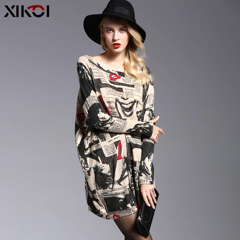 XIKOI Women Oversized Sweater Dress Autumn Pullovers Batwing Sleeve Patchwork Print Slash Neck Pull Femme Knitted Sweaters | Женская