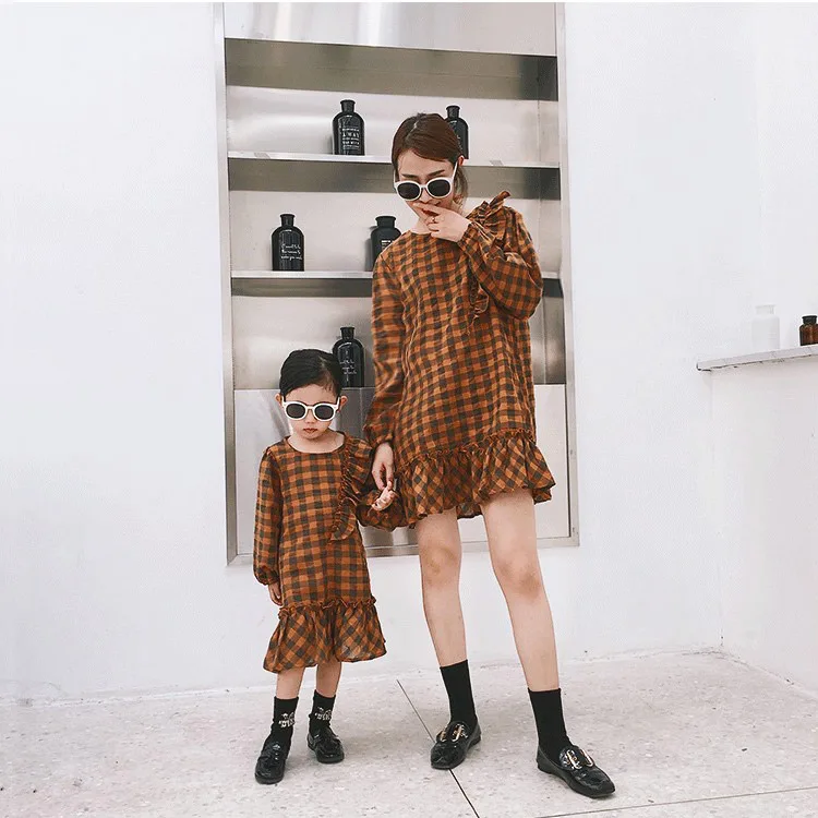 Brand Family Clothing Matching Mother And Daughter Clothes Plaid Dresses Long Sleeve Outfits Casual Dress New | Мать и ребенок