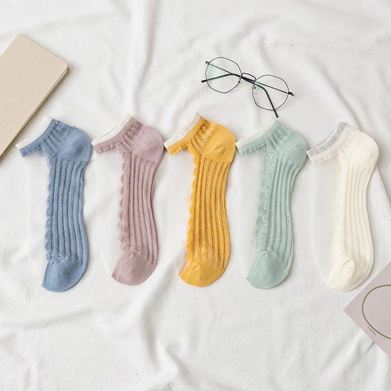 

5 пар прозрачные кружевные полосатые носки женские Харадзюку симпатичные стекло шелковые короткие носки женские летние дышащие носки до ло...