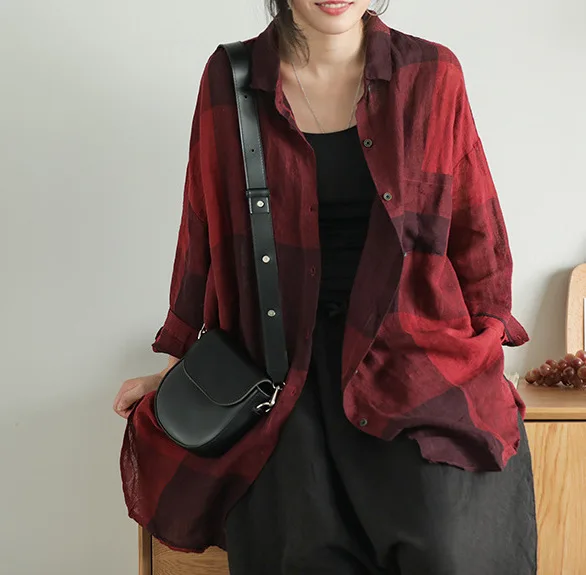 red plaid Max LuLu Модные женские топы и блузки в Корейском стиле в стиле панк женские клетчатые льняные длинные рубашки винтажная Осенняя негабаритная одежда - Цвет: red plaid