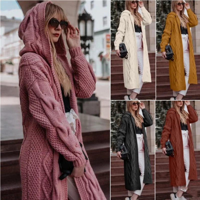 

2021 fashion autumn winter sweaters hot sale solid black white hooded long cardigan sweater knitwear