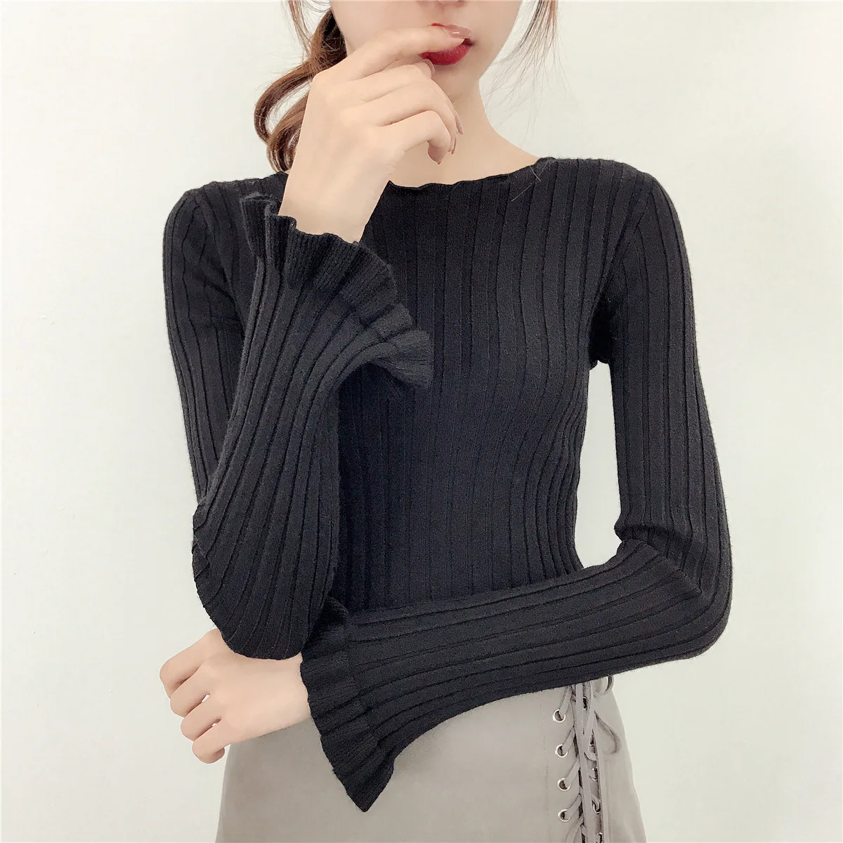 Женская трикотажная рубашка с круглым вырезом и длинным рукавом Новинка осени 2020