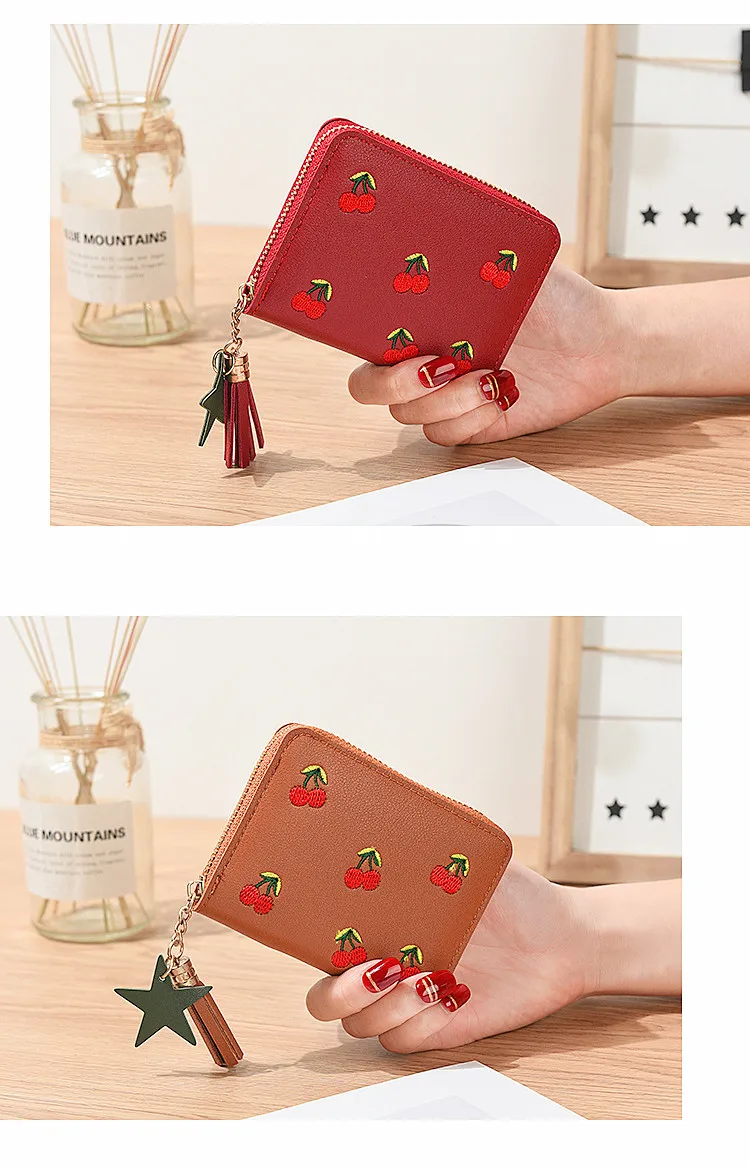 Модный женский кошелек, маленькие короткие кошельки с кисточками из искусственной кожи, вышитый вишней, Женский кошелек для монет, держатель для карт, Дамская мини сумка для денег