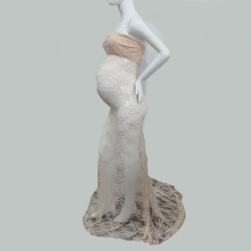 Vestido de encaje sin hombros para fotograf&iacute;a de mujeres, maxivestido de maternidad para sesi&oacute;n de fotos del embarazo-3