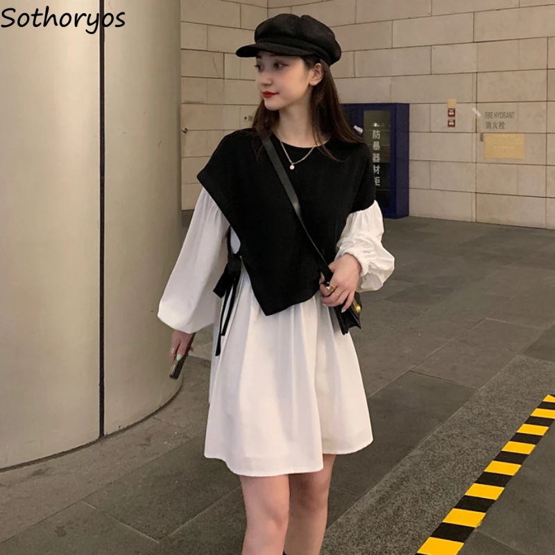 

Платье-двойка женское осеннее нежное с длинным рукавом и круглым вырезом