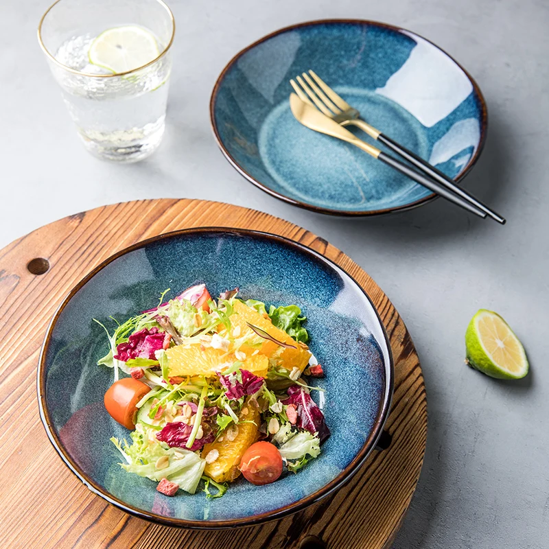 

Высококачественная керамическая тарелка, тарелка для риса в стиле ретро, практичная глубокая чаша, темно-синяя домашняя Европейская кухня, ...