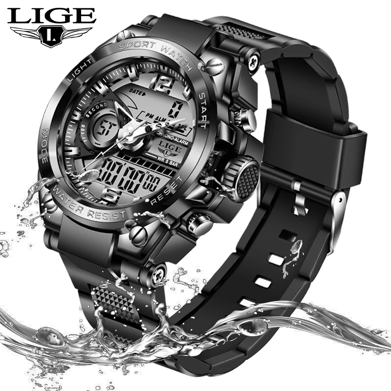 LIGE Men Military Watch Top Brand Luxury 50m Waterproof Wristwatch LED Digital Clock Fashion Male relogios masculino Sport Watch