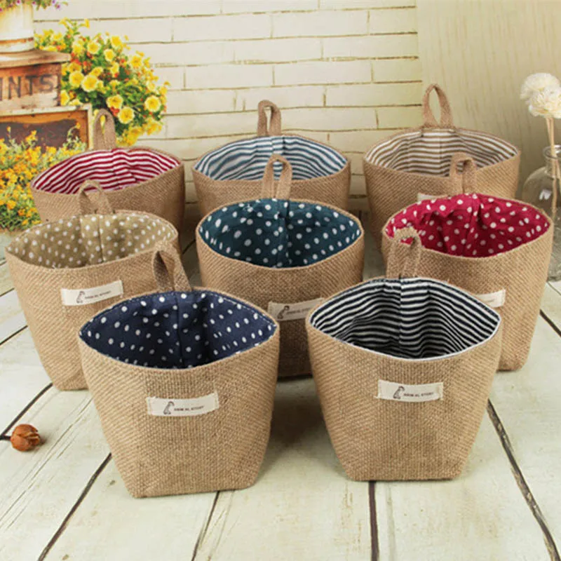

Small Storage Sack Stripe Dot Hanging bag Sundries storage basket jute cloth bag Flower Pot Cosmetic Bag Home Decor 14*12.5cm