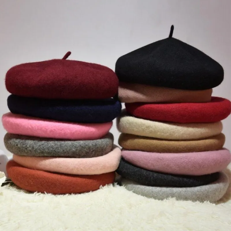Шерстяной берет женские зимние шапки для женщин плоская шапка вязаные 100%
