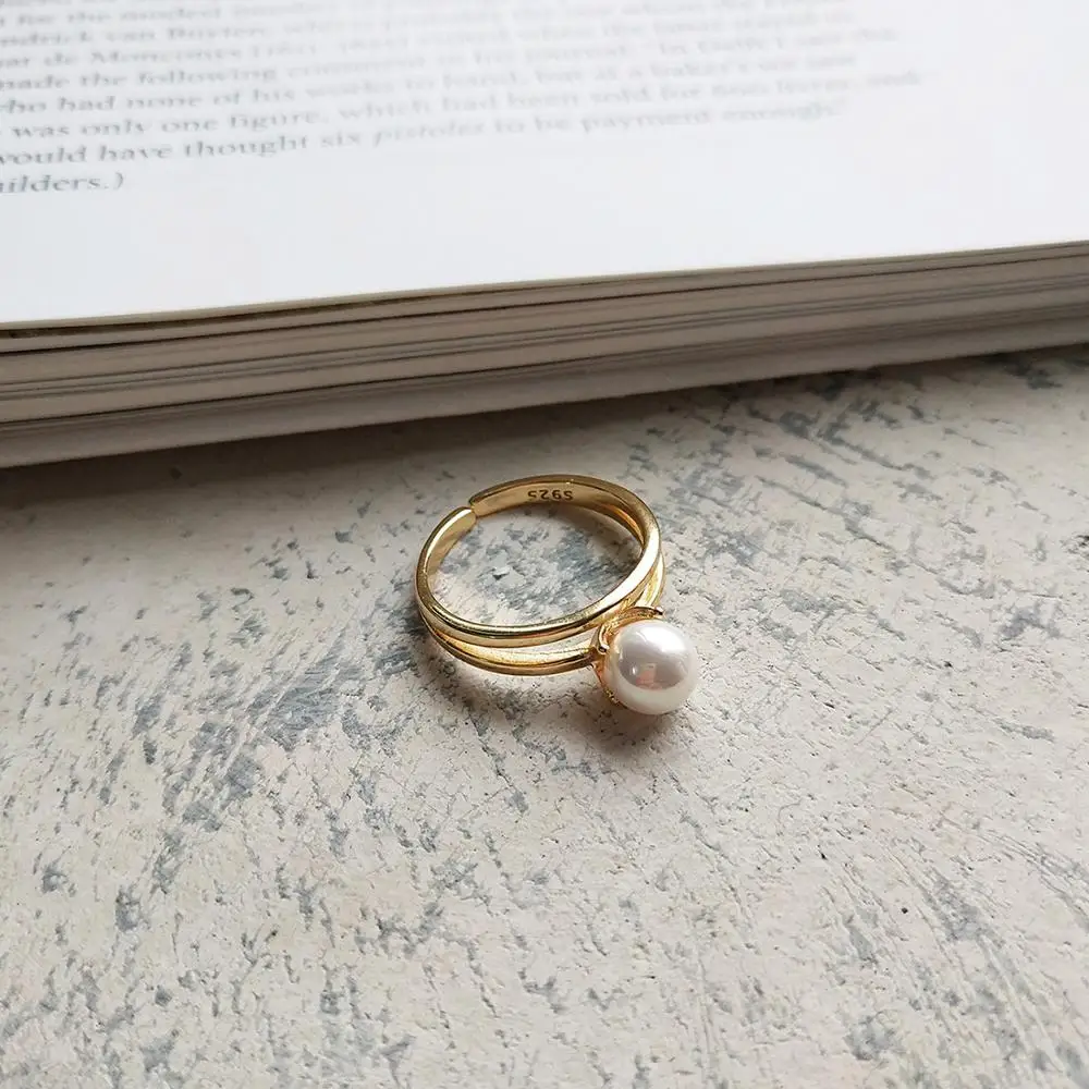 E Jewelry, 925, серебряное, элегантное, золотое, двойное кольцо для женщин, круглый жемчуг, позолота, для женщин, вечерние, элегантные кольца, ювелирное изделие