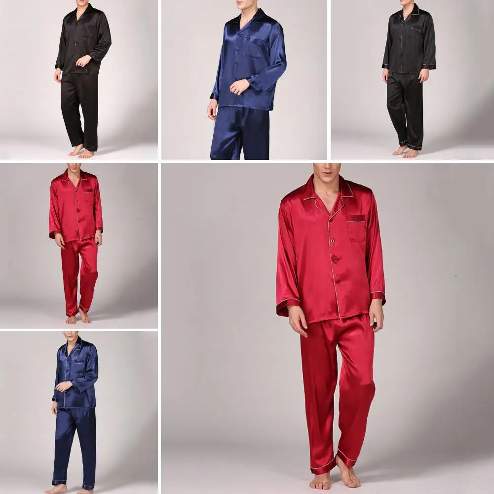 

Men Pajamas Set Summer Solid Imitation Silk Pajama Set Shirt Pants Home Gown Sleepwear Nightwear Sexy Modern Soft Male Nightgown