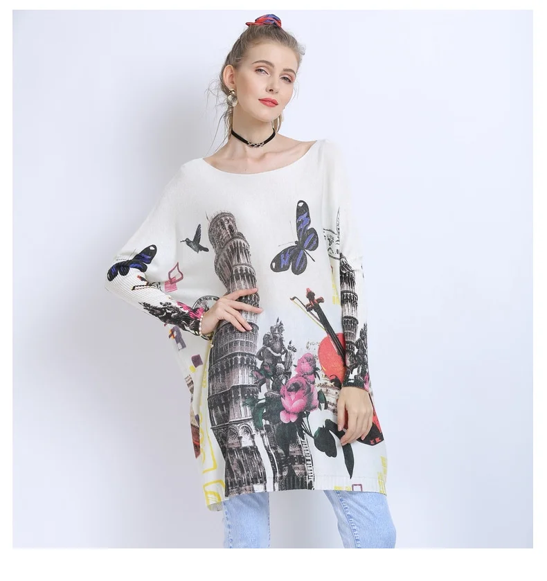 

QING MO 2021 Autumn New Women Sweater Top Loose Large Size Trend Printing Knitted Sweater Fashion Street Women Top White ZWL207