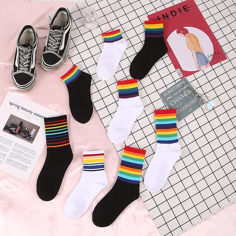 

Spring and Autumn Rainbow Socks Women's Tube Socks Korean Style Black and White Striped Wild Personality Street Stockings