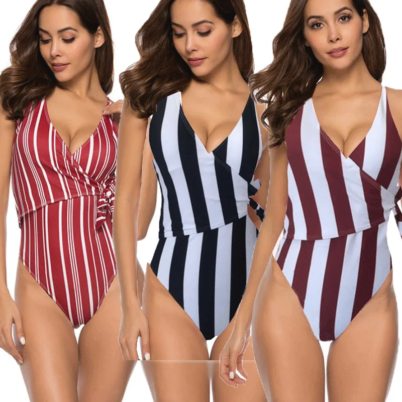 

2021 Sexy Women Suits Swimwear Striped Monokini Swimsuits Bathing Suits Bather Beach Bikinis Up Padded Women Beachwear