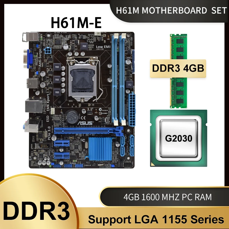 

ASUS H61M-E материнская плата с Intel Pentium G2030 + 4 Гб DDR3 Материнская плата Combo Intel H61 игровая пластина-материнская плата LGA 1155 комплект материнской плат...