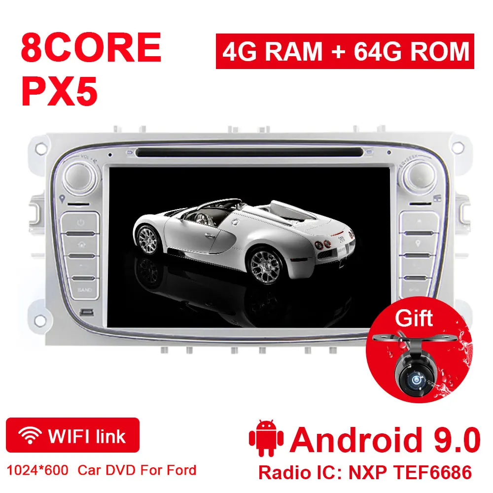 SLIVER 4G 64G PX5 Eunavi 2 Din 7 ''Android 9,0 Щепка Octa 8 Core автомобильный DVD gps для Ford Focus Mondeo S Max Cmax Galaxy Радио стерео 4G Оперативная память 3g WI-FI - Цвет: SLIVER 4G 64G PX5