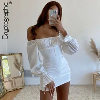 cryptographic square collar white tie front mini dresses bodycon party club lantern sleeve elegant dress holiday garden parties