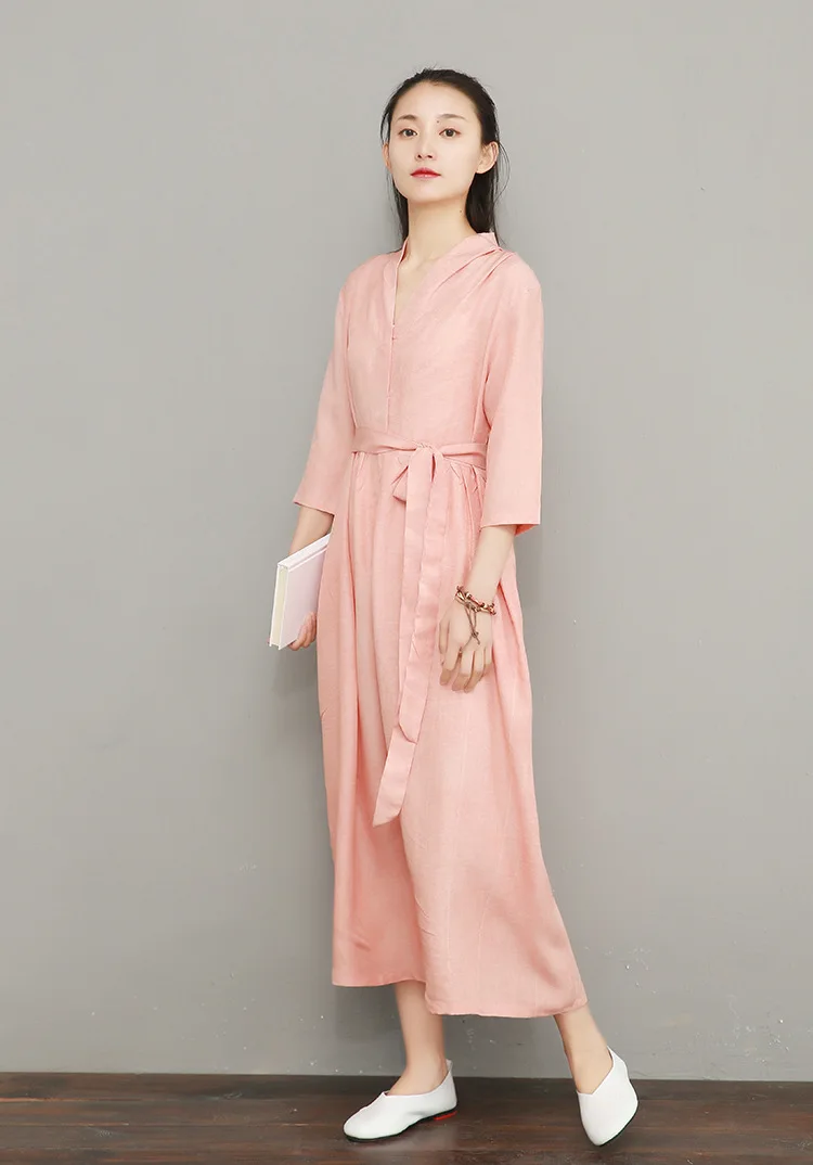 NINI WONDERLAND, летнее платье с v-образным вырезом,, женское, Tencel, льняное, винтажное платье, женское, одноцветное, длинное платье, халат, высокое качество