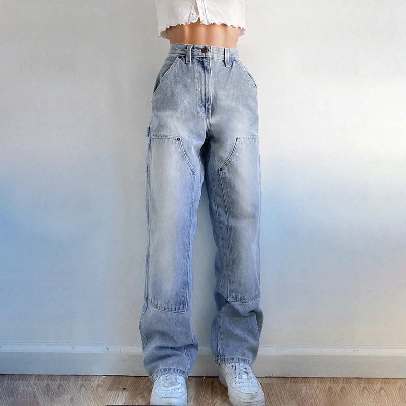 

Women Jeans Basic Pocket High Waist Straight Loose Wide Leg Baggy Jean 2021 Autumn New Urban Casual Simple Washed Denim Pants