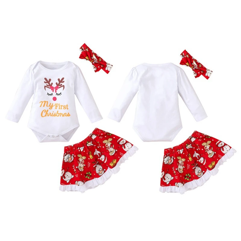 

Warm Christmas Baby Girl Clothes Set 3Pcs Toddler Girl Elk Print Romper + Print Red Skirt + Headband Outfits Hot
