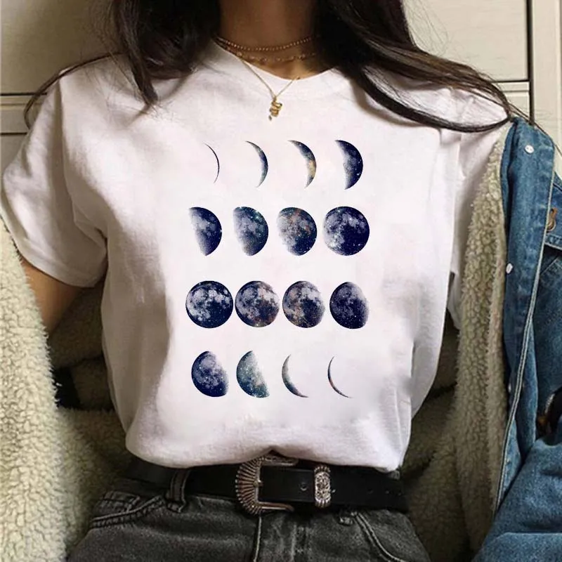 

New Fashion Moon Print Women T Shirt Harajuku 90s Ulzzang O Neck Short Sleeve T-Shirt Summer Tees Casual Female Tops