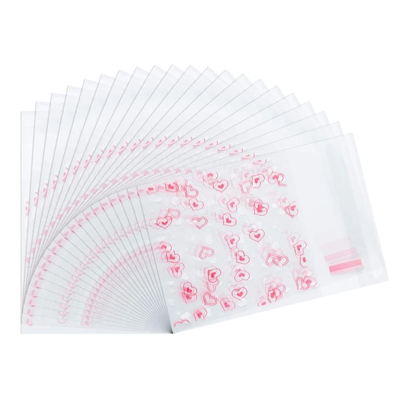 

500 Pcs Self Adhesive Cookie Bags Love Heart Printing Gift Bags Treat Bags Plastic Bag for Candy,Valentine Chocolates