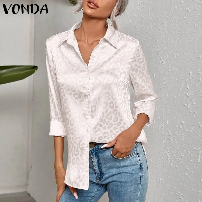 

Офисные однотонные рубашки VONDA 2021, женская блузка с длинным рукавом и воротником с лацканами, повседневные сексуальные топы с леопардовым п...