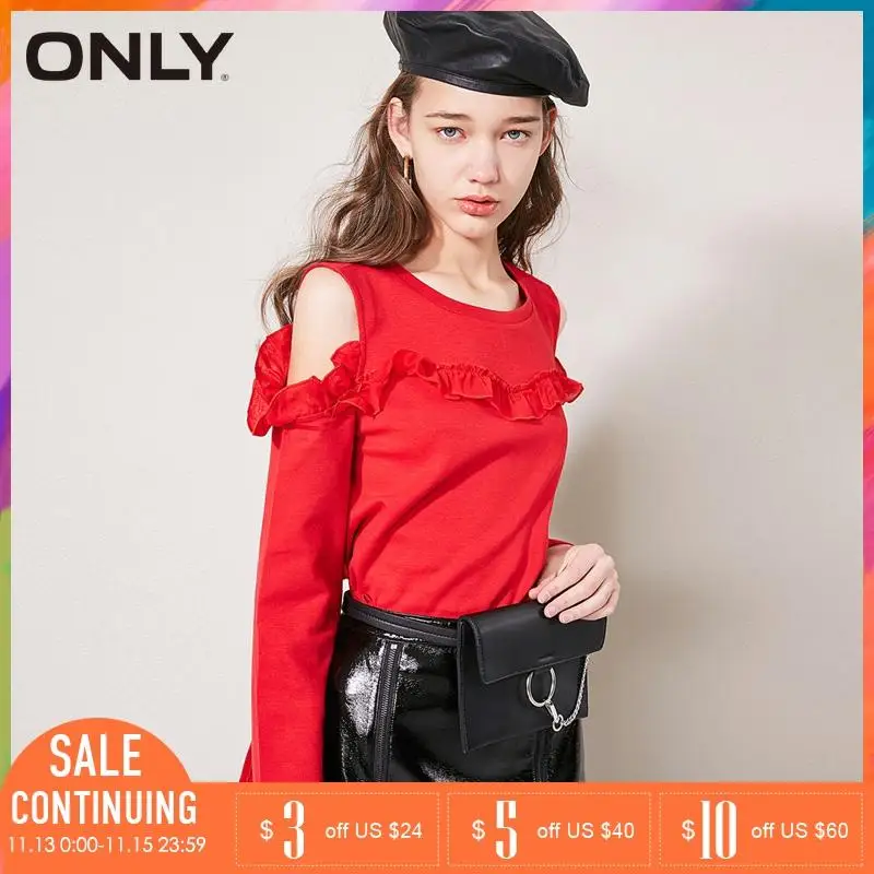 Только женщины выдалбливают плечо чистый цвет с оборками свободная футболка |