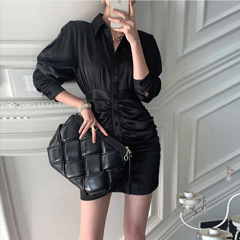 

Women Ruched Dresses 2021 New Fashion Bodycon Slim Korean Chic Design Puff Sleeve Vestidos Temperament Pleated Satin Dress