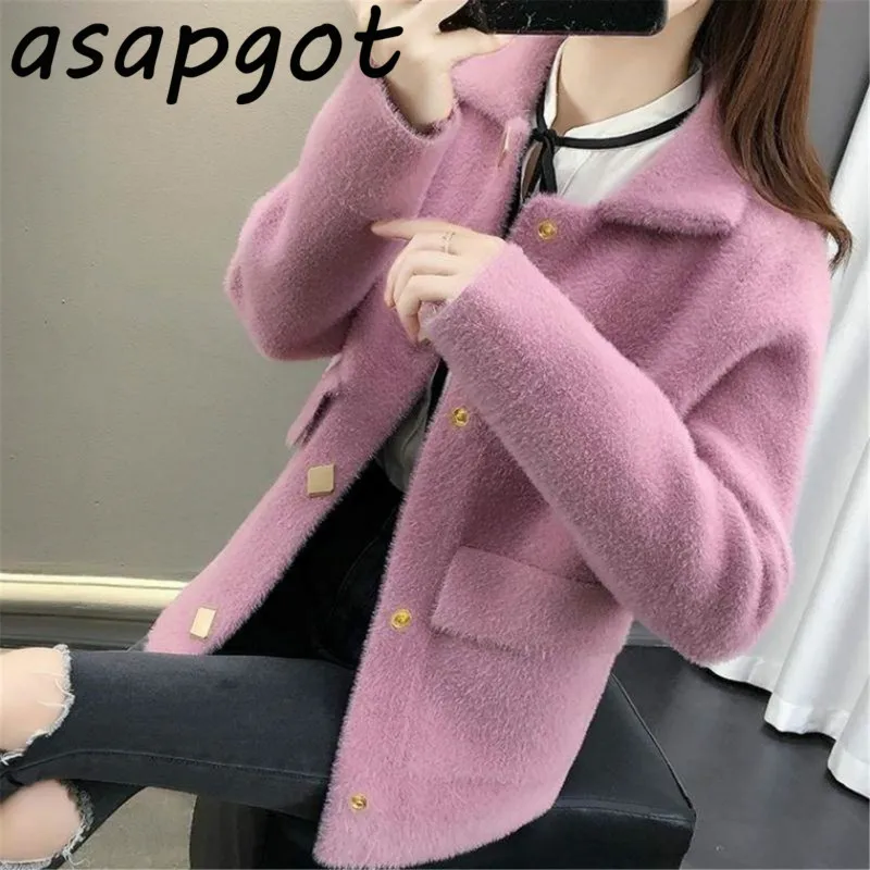 Мохеровый толстый кардиган Asapgot с отложным воротником и длинным рукавом пальто