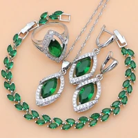 rhombic green created emerald white cz 925 sterling silver jewelry sets for women earringspendantnecklaceringsbracelet