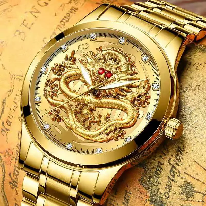

Waterproof Quartz Wrist Watches For Men Fashion Luxury Crystal Luminous Pointer Gold Dragon Stainless Steel Business Watch Male