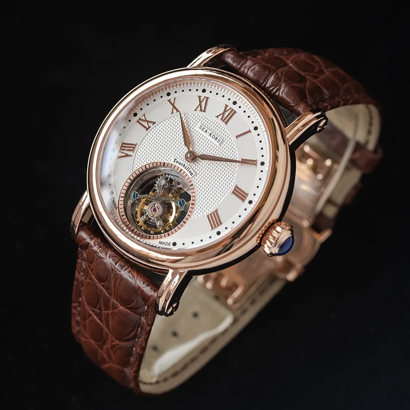 

Розовое золото tourbillon ST8000 Чайка движение Мужские часы с ручным заводом tourbillon Роскошные наручные механические скелет 2 натуральная кожа