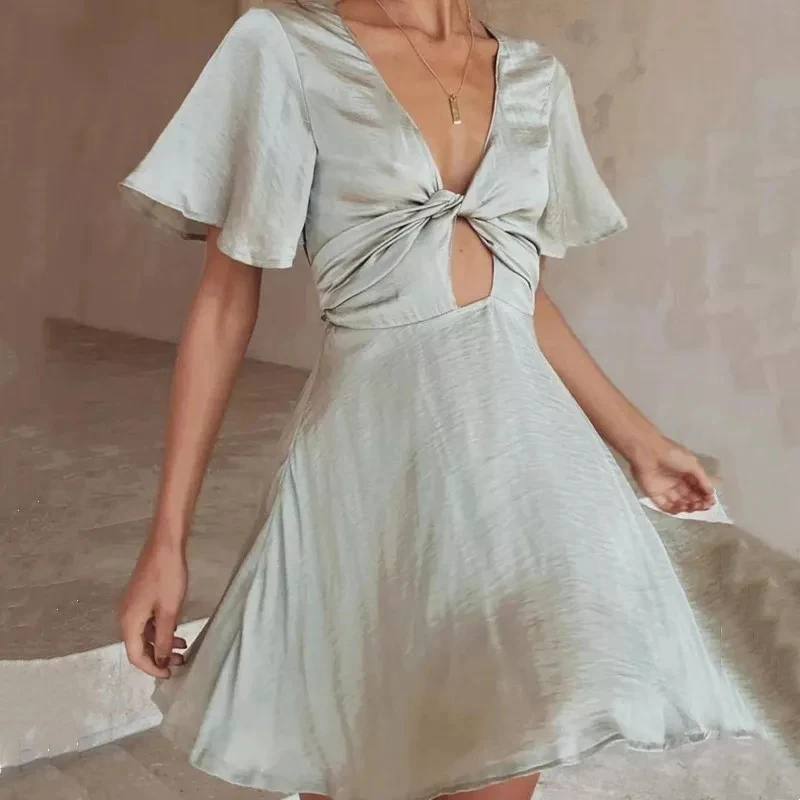 

Women Sexy Deep V Neck Lace-Up Mini Dress 2021 Summer Casual Flare Short Sleeve Female Solid Bandage Beach A-Line Dress Vestidos