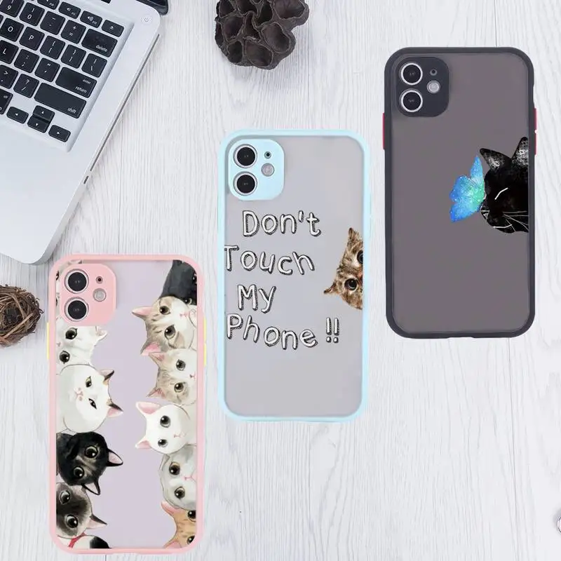 

Cute cartoon cat animal Phone Case For iPhone 12 11 Mini Pro XR XS Max 7 8 Plus X Matte transparent Pink Back Cover
