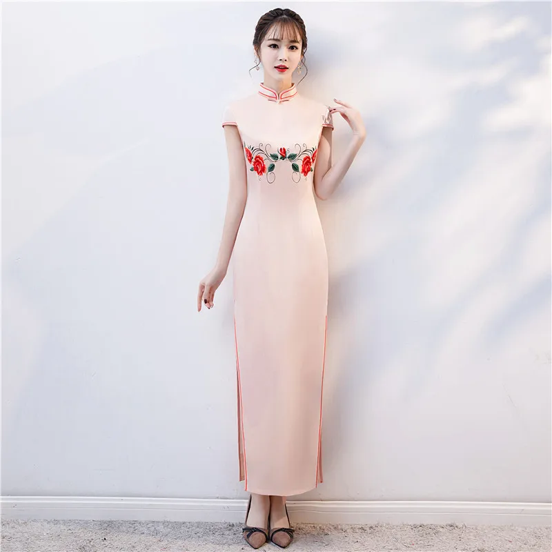 Современная Элегантная вышивка цветок Cheongsam 2019 аналогичное шелковое длинное Qi Pao