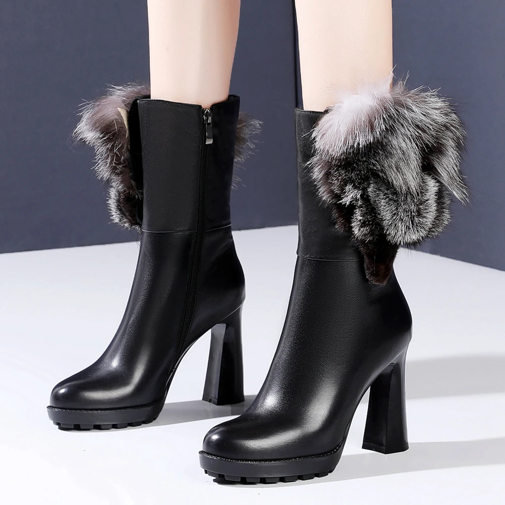 

BONJOMARISA Genuine Leather Cow Leather Female Mid Calf Snow Boots High Heels Snowboots Winter Boots Women Comfy Shoes Woman