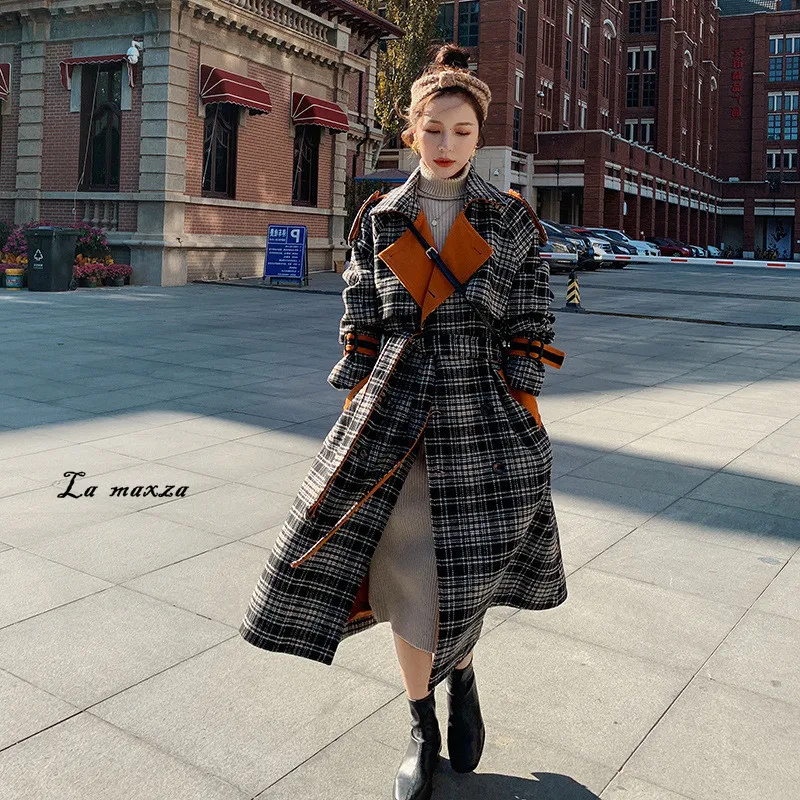 

Vintage Elegant Women Plaid Coat 2021 Casual Belt Long Cashmere Coat Oversized