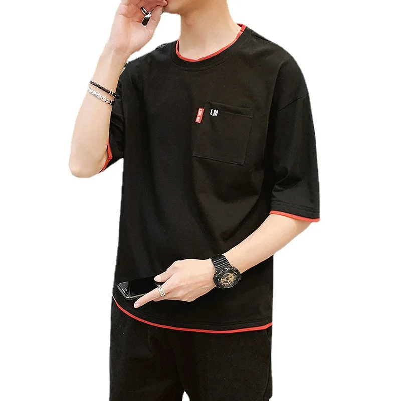 

Summer Men's Pocket Short Sleeved T-shirt Anti Fading Round Neck Student Half Sleeved Shirt Loose Trend Anti Pilling Solid Color